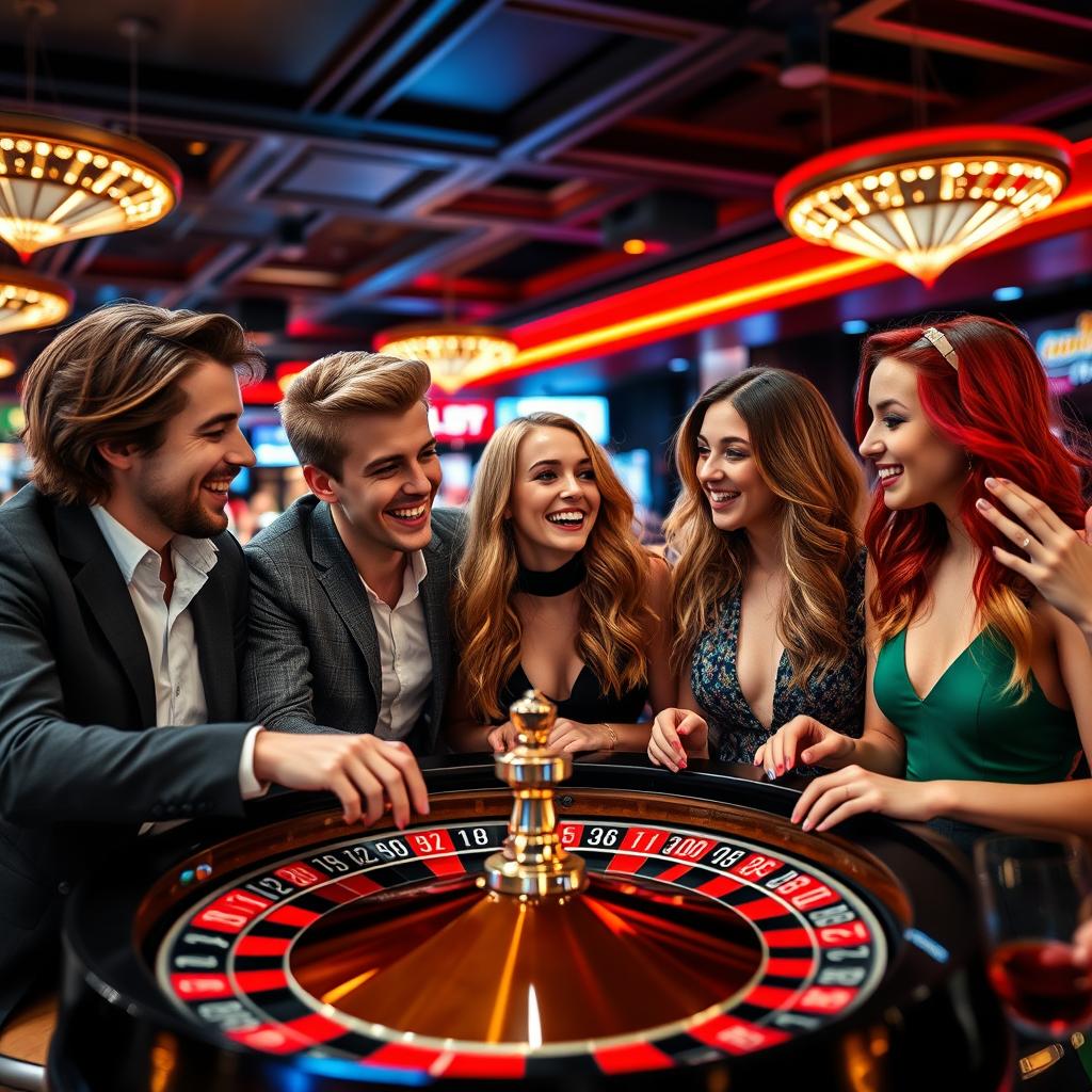 A vibrant scene showcasing a group of five attractive young German adults enjoying their time at a roulette table in a lively Dutch casino