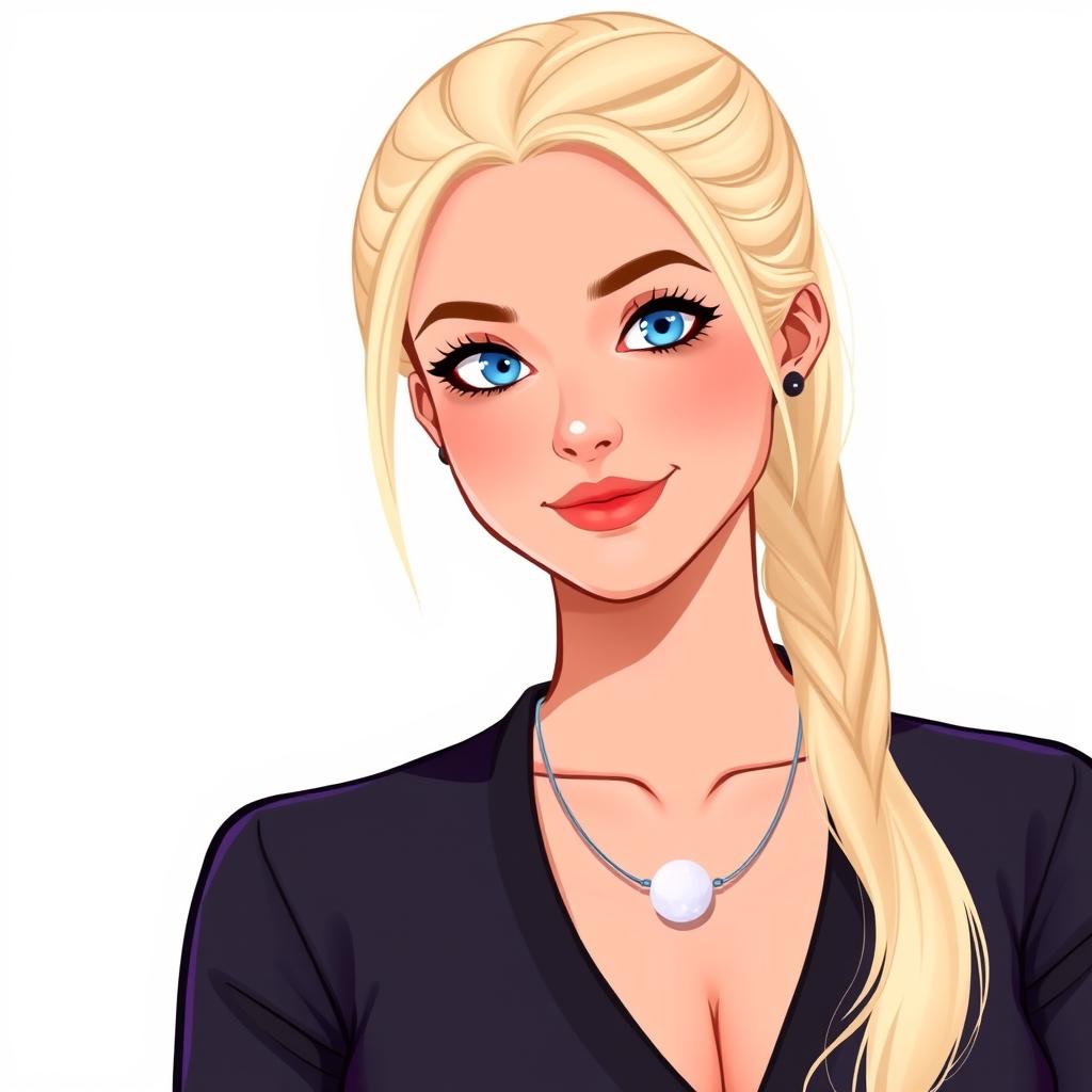 A digital illustration of a woman around 30 years old with very fair, almost pale skin and long light blonde hair tied back into a sleek ponytail with no loose strands