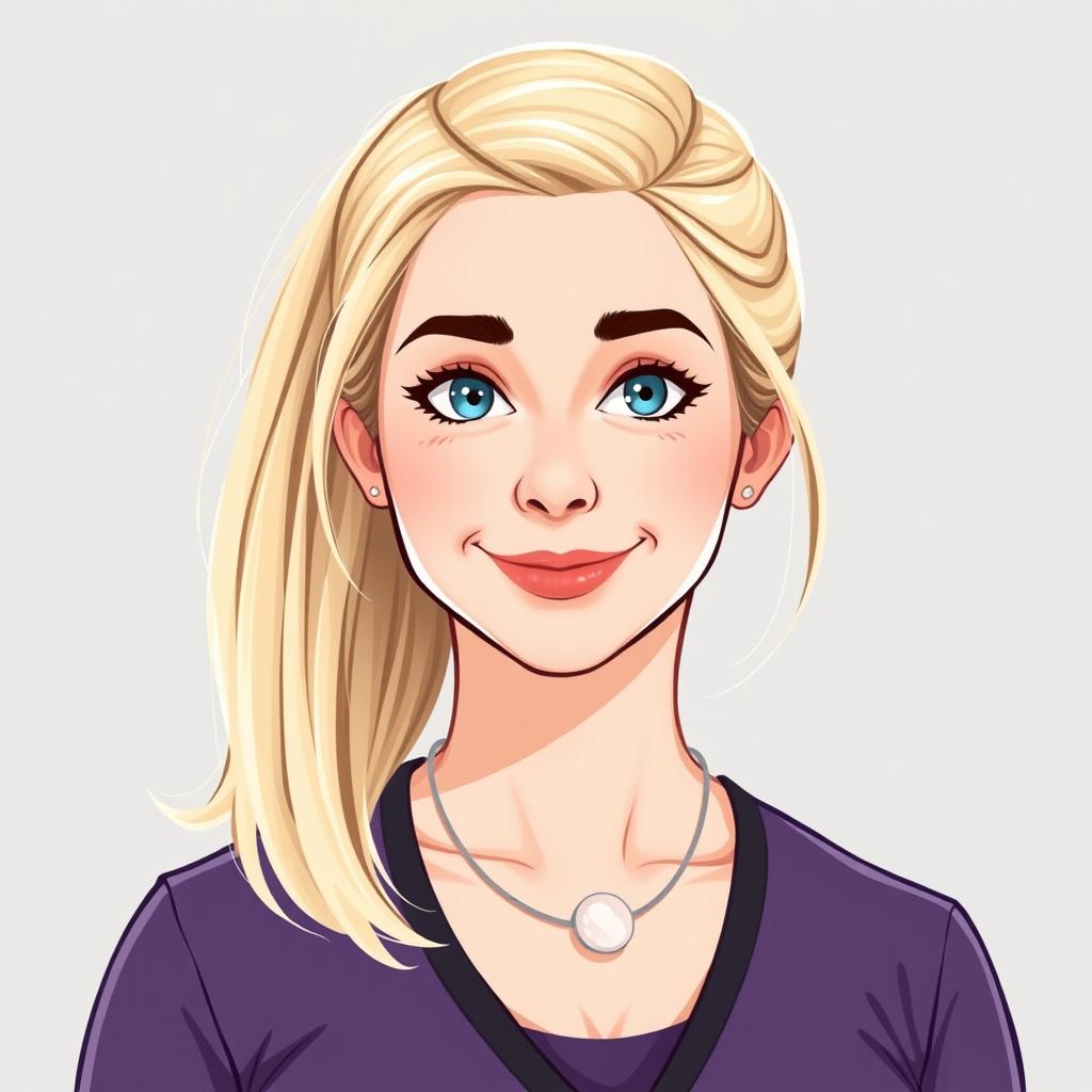 A digital illustration of a 40-year-old woman with very fair, almost pale skin and light blonde medium-length hair styled into a neat ponytail