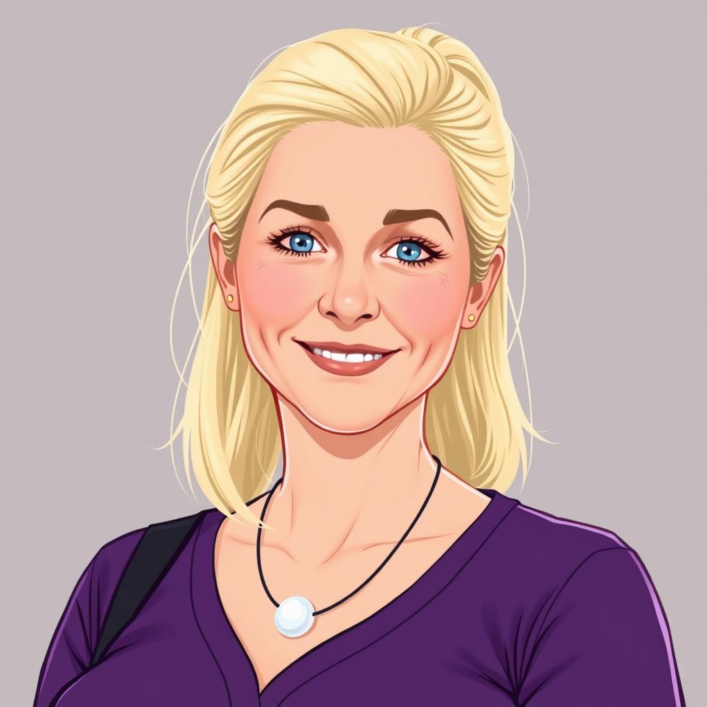 A digital illustration of a woman around 40 years old with very fair, almost pale skin