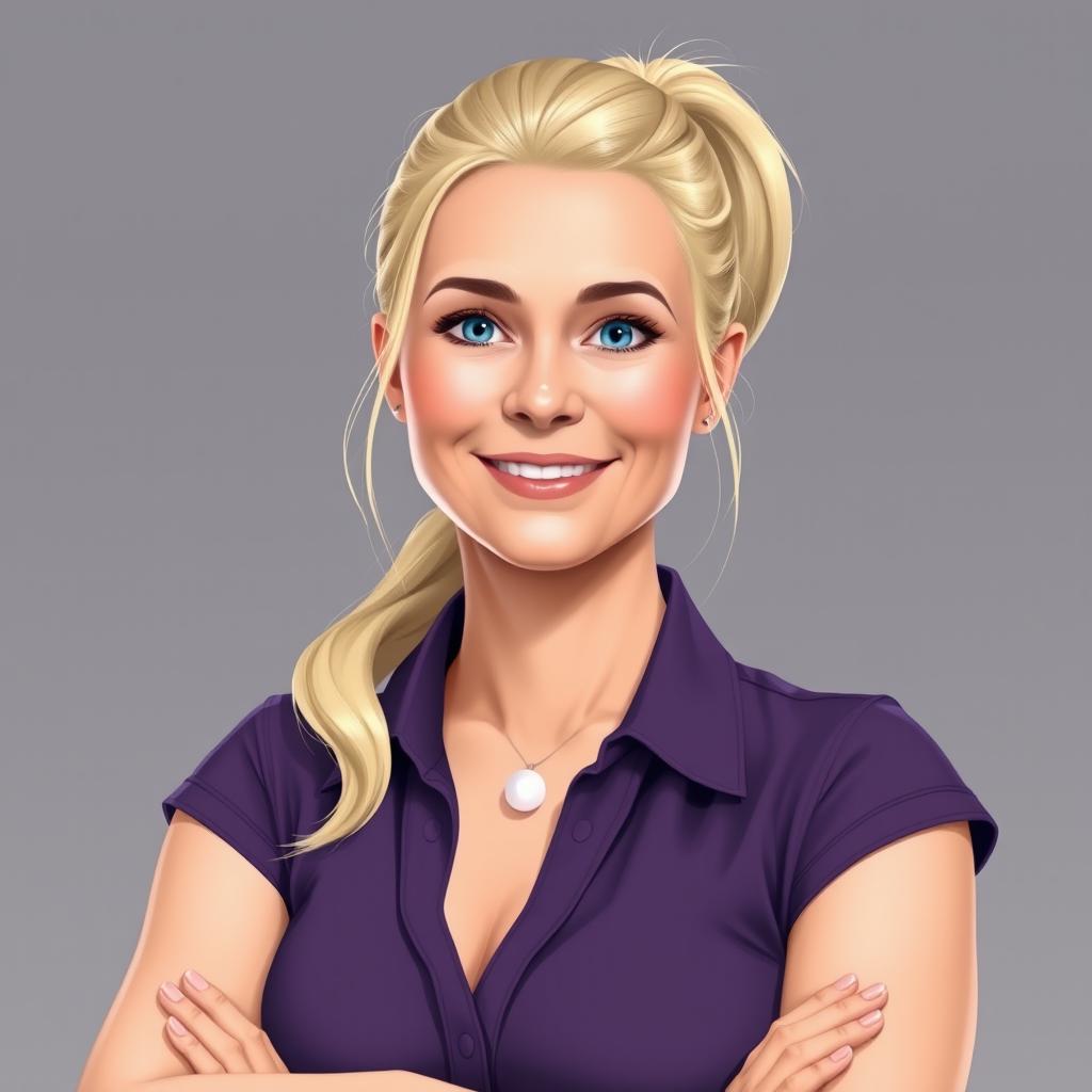 A portrait of a woman around 40 years old who appears younger, with very fair, almost pale skin and light blonde hair styled in a tidy ponytail without any loose strands or bangs