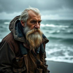 An old fisherman, a former captain, with a long gray beard, dressed in weathered fishing attire