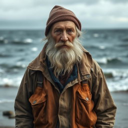 An old fisherman, a former captain, with a long gray beard, dressed in weathered fishing attire