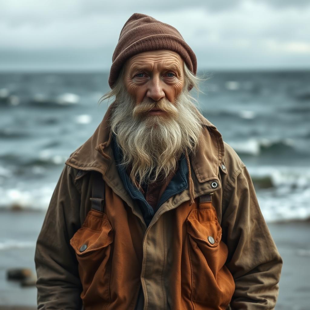 An old fisherman, a former captain, with a long gray beard, dressed in weathered fishing attire