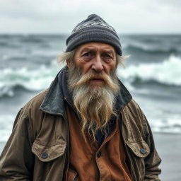 An old fisherman, a former captain, with a long gray beard, dressed in weathered fishing attire