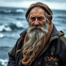 An old fisherman, a former captain, with a long gray beard, dressed in weathered fishing attire