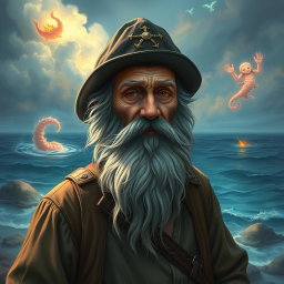 An old fisherman, a former captain with a long gray beard, wearing a captain's hat, depicted in a fantasy setting
