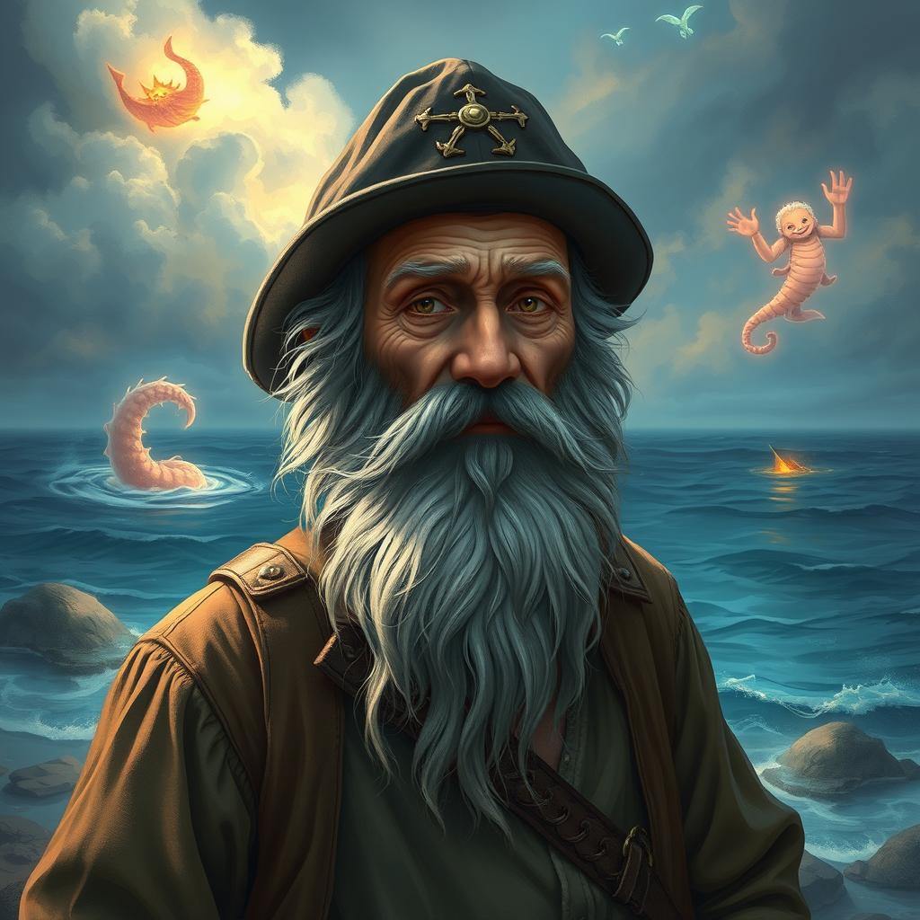 An old fisherman, a former captain with a long gray beard, wearing a captain's hat, depicted in a fantasy setting