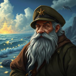 An old fisherman, a former captain with a long gray beard, wearing a captain's hat, depicted in a fantasy setting