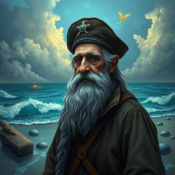 An old fisherman, a former captain with a long gray beard, wearing a captain's hat, depicted in a fantasy setting