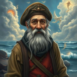 An old fisherman, a former captain with a long gray beard, wearing a captain's hat, depicted in a fantasy setting