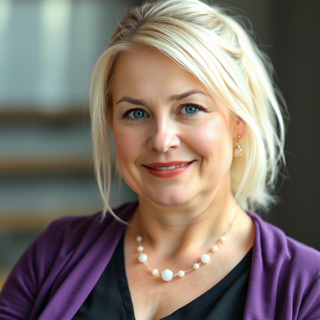 A realistic portrait of a woman around 35 years old with very fair, almost pale skin