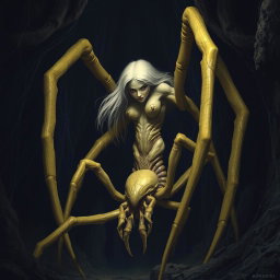 A gigantic half-woman half-spider creature, resembling an arachnid, in muted yellow tones, with long light blonde hair and a spider-like lower body
