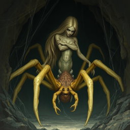 A gigantic half-woman half-spider creature, resembling an arachnid, in muted yellow tones, with long light blonde hair and a spider-like lower body