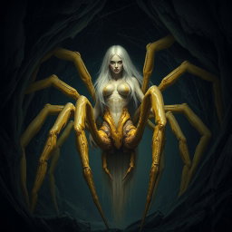 A gigantic half-woman half-spider creature, resembling an arachnid, in muted yellow tones, with long light blonde hair and a spider-like lower body