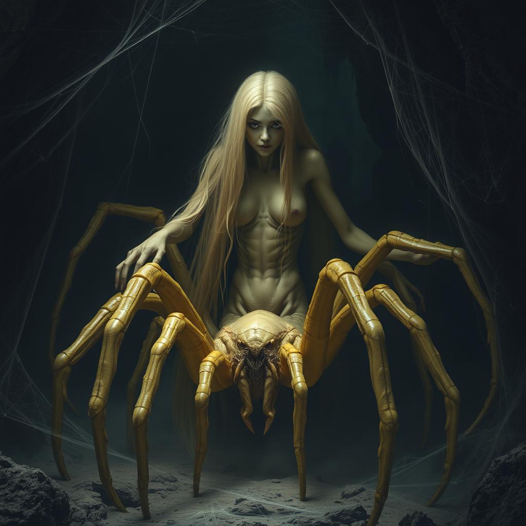 A gigantic half-woman half-spider creature, resembling an arachnid, in muted yellow tones, with long light blonde hair and a spider-like lower body