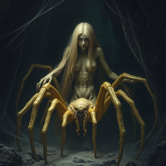 A gigantic half-woman half-spider creature, resembling an arachnid, in muted yellow tones, with long light blonde hair and a spider-like lower body