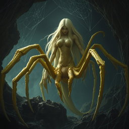 A colossal arachnid, a half-woman half-spider creature, portrayed in muted yellow tones