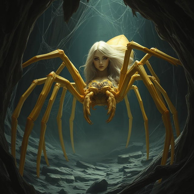 A colossal arachnid, a half-woman half-spider creature, portrayed in muted yellow tones