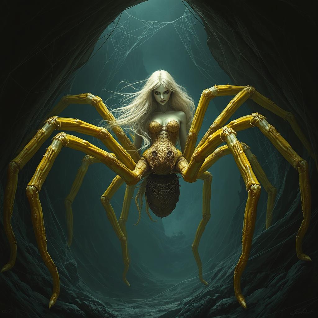 A colossal arachnid, a half-woman half-spider creature, portrayed in muted yellow tones