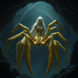 A colossal arachnid, a half-woman half-spider creature, portrayed in muted yellow tones