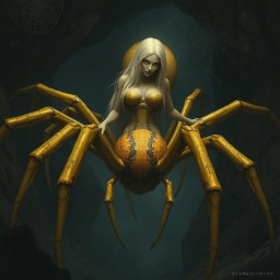 A massive arachnid, a half-woman half-spider creature, depicted in muted yellow tones