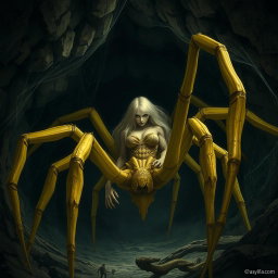 A massive arachnid, a half-woman half-spider creature, depicted in muted yellow tones