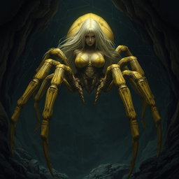 A massive arachnid, a half-woman half-spider creature, depicted in muted yellow tones