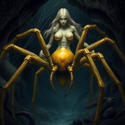 A massive arachnid, a half-woman half-spider creature, depicted in muted yellow tones