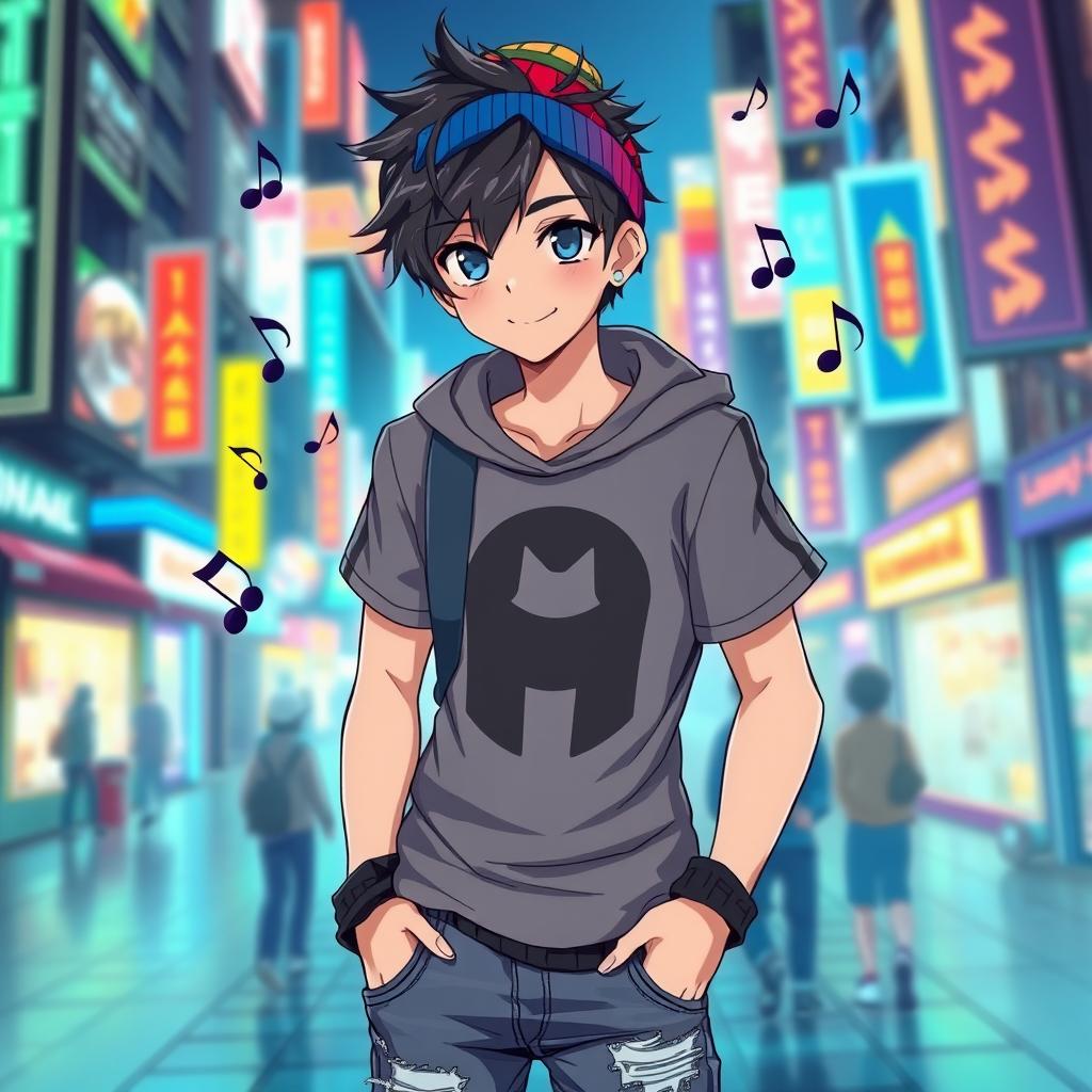 An 18-year-old anime boy with trendy, tousled black hair and vibrant blue eyes, exuding a playful and charismatic aura