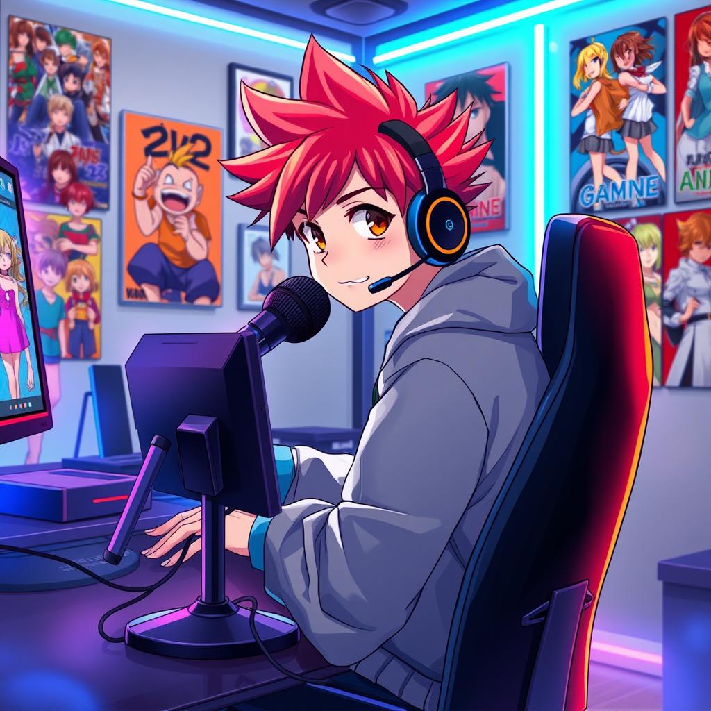 an anime boy sitting at a desk with a computer and microphone, focused on his screen, with a determined expression, stylish spiky hair, wearing headphones, vibrant colors, and a modern gaming setup, cool LED lights surrounding the room, posters of popular anime on the walls, a fun and creative atmosphere, showcasing a mix of gaming and anime culture