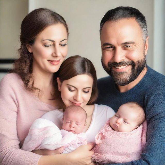 A caring husband and wife lovingly holding their two adorable baby girls