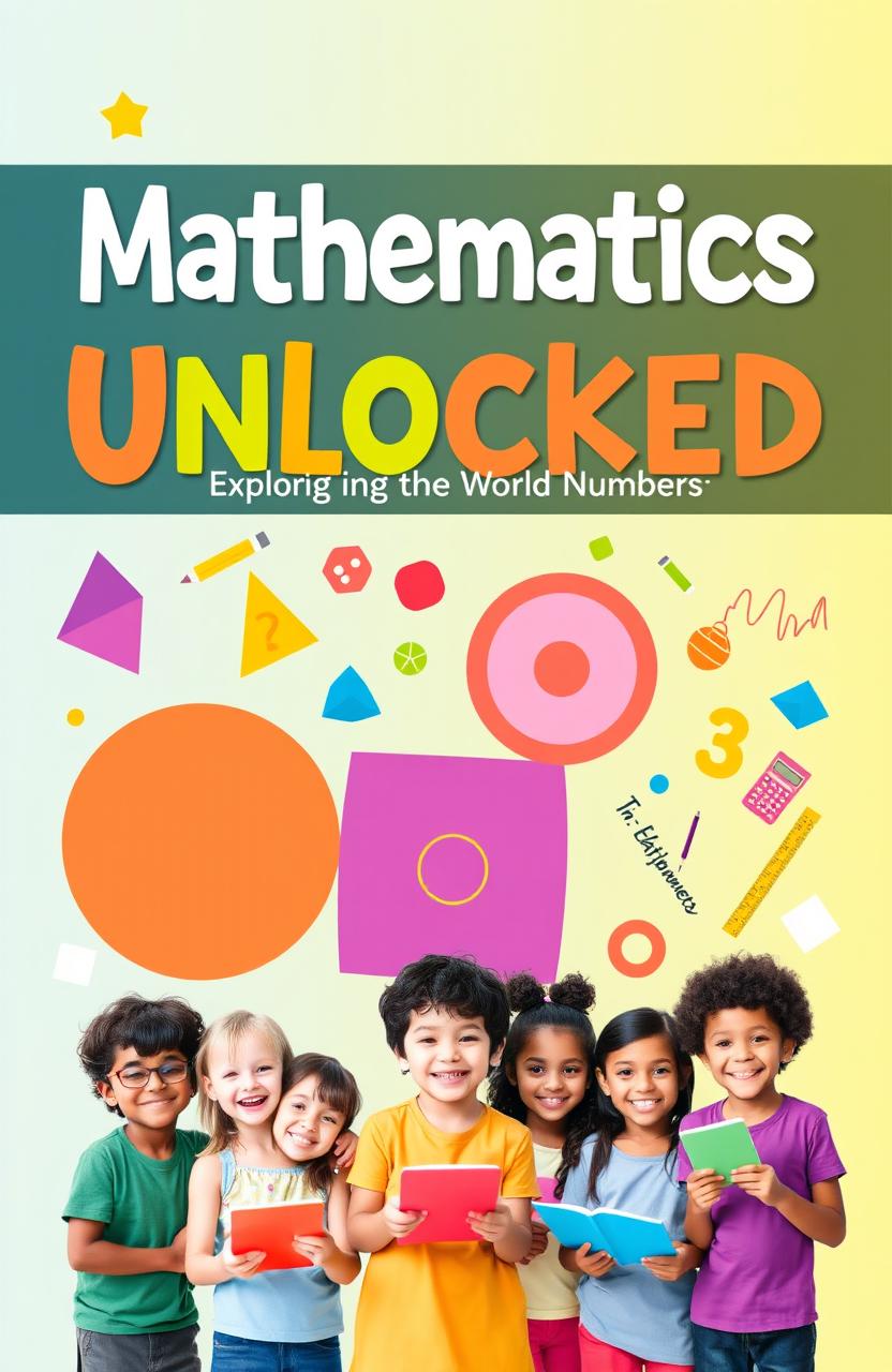 A vibrant and engaging mathematics book cover for students, featuring colorful geometric shapes such as triangles, circles, and squares arranged creatively