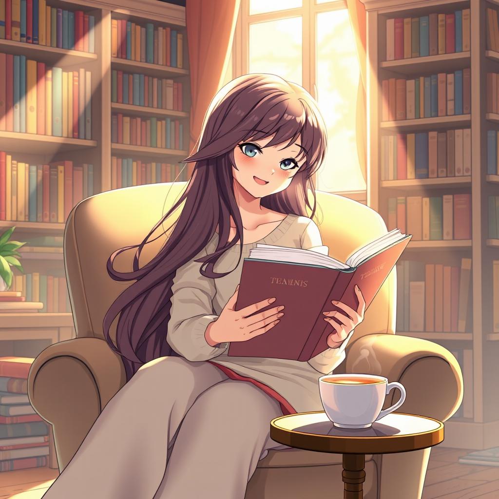 A beautifully designed girl deeply engrossed in a book, sitting in a cozy armchair