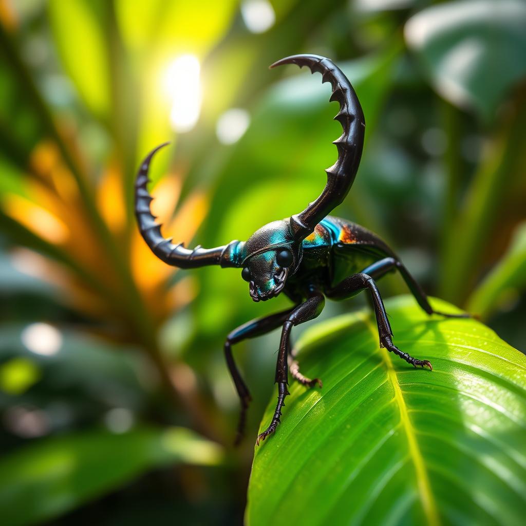 A close-up view of a Hercules beetle, showcasing its impressive horns and iridescent shell