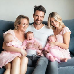 A loving husband and wife cuddling with their two cheerful baby girls