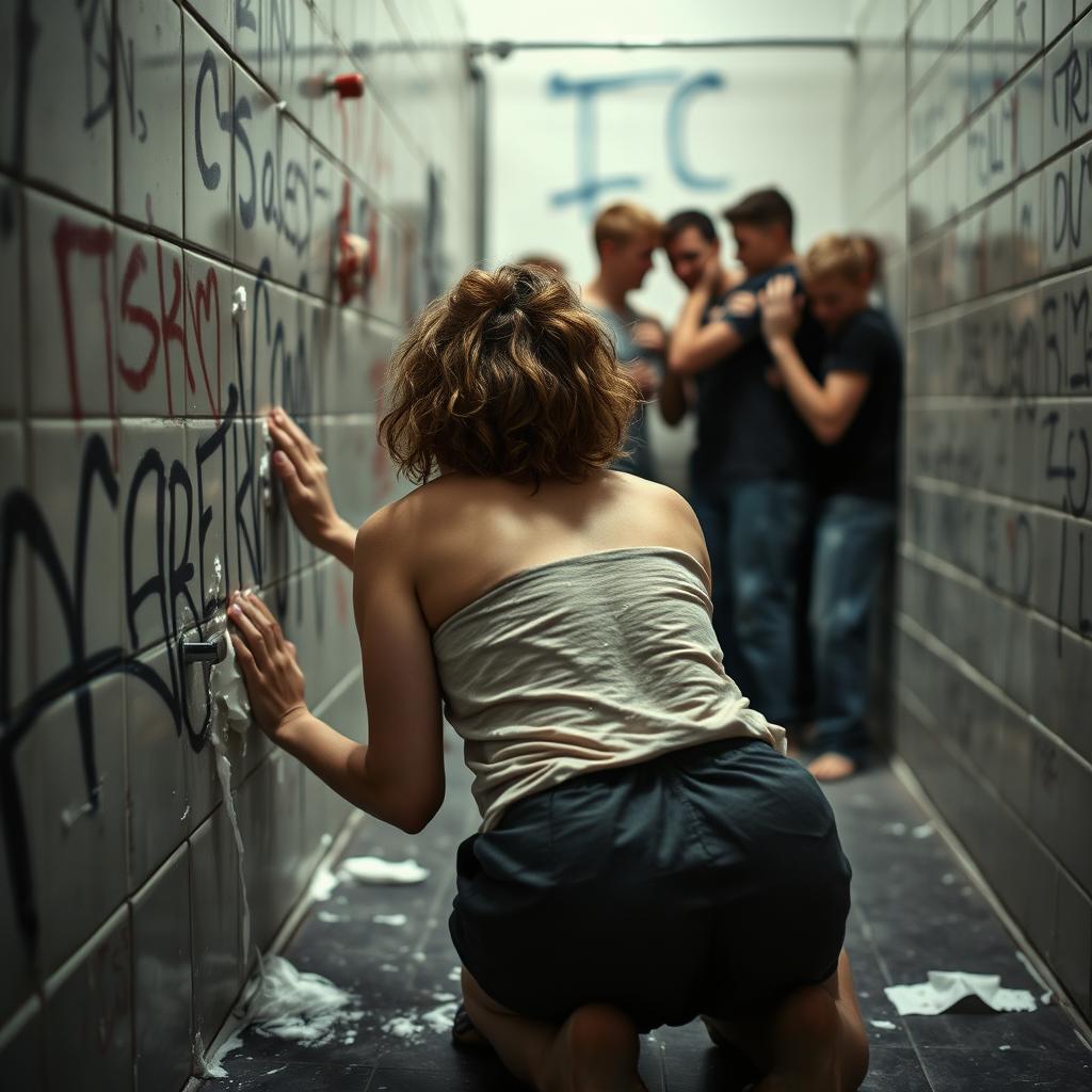 A sad mature woman on all fours, scrubbing a tagged bathroom wall, captured from behind to emphasize her effort and emotion