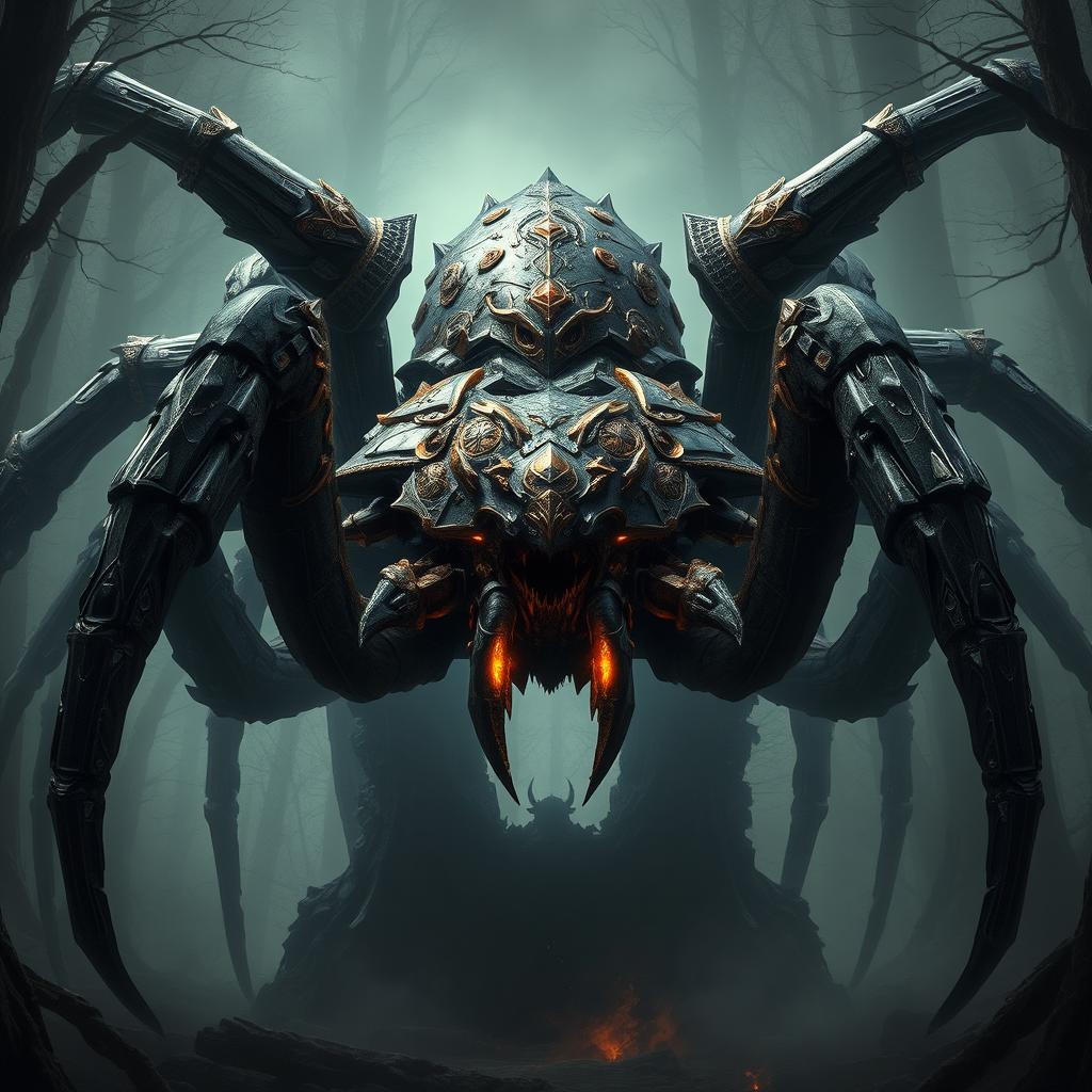 A gigantic armored spider, showcasing a magnificent and menacing appearance