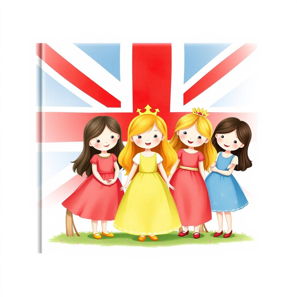 A charming book cover design featuring five little girls dressed as princesses, each in simple yet elegant dresses, gathered together in a playful scene