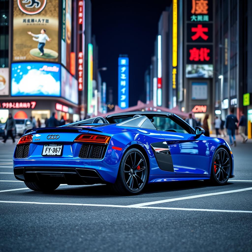 A stunning blue Audi R8 Spyder V10 parked in a Tokyo parking lot with a view of the iconic Shibuya Crossing