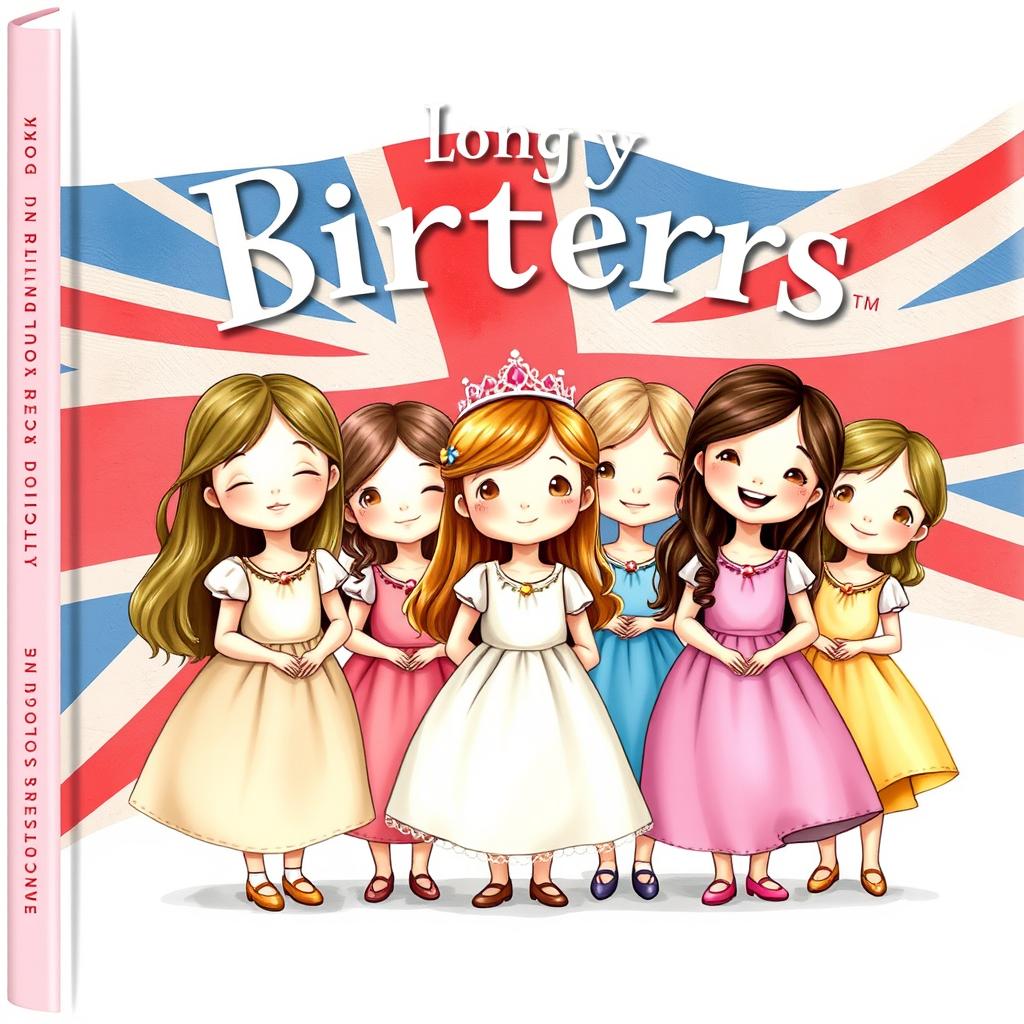 A beautifully illustrated book cover design featuring five little girls with realistic features, each dressed as princesses in simple yet charming dresses