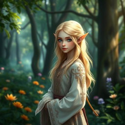 A beautiful elven girl with blonde hair, depicted at a petite height