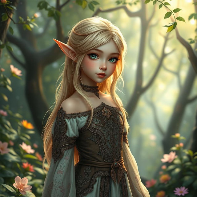 A beautiful elven girl with blonde hair, depicted at a petite height