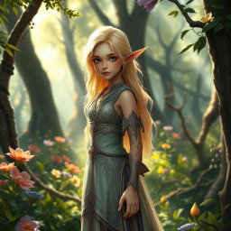 A beautiful elven girl with blonde hair, depicted at a petite height