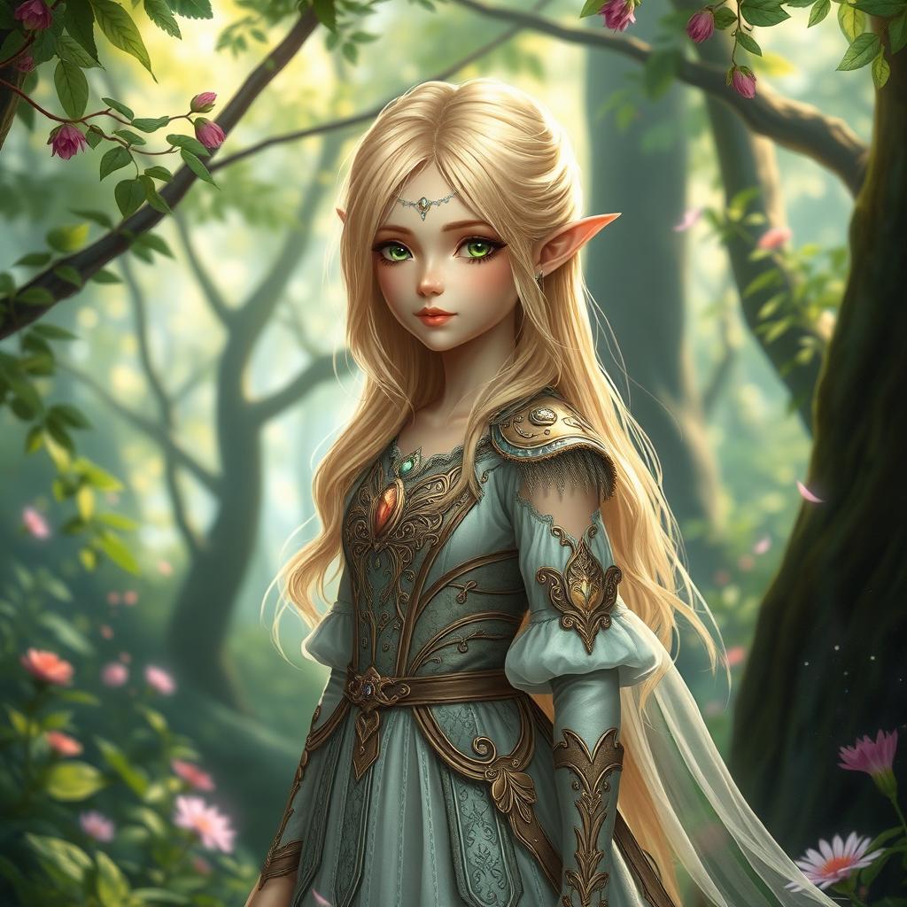 A beautiful elven girl with blonde hair, depicted at a petite height