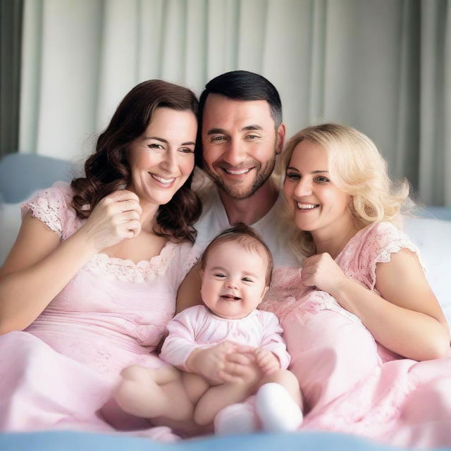 A loving husband and wife cuddling with their two cheerful baby girls