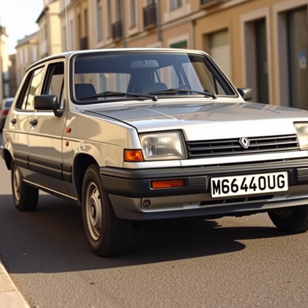 A realistic photograph of a mid-1980s Renault 11 TSE in silver-gray color
