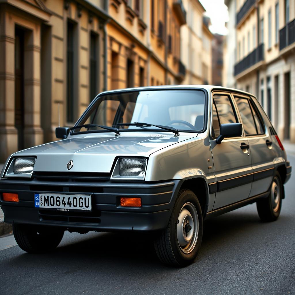 A hyper-realistic photograph of a 1985 Renault 11 TSE in silver-grey color