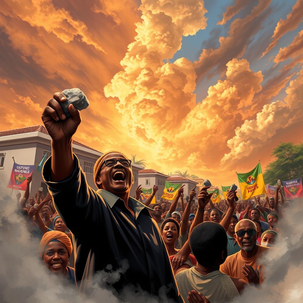 A dramatic scene depicting the fall of a dictator in Africa, with a passionate crowd in the streets expressing their emotions