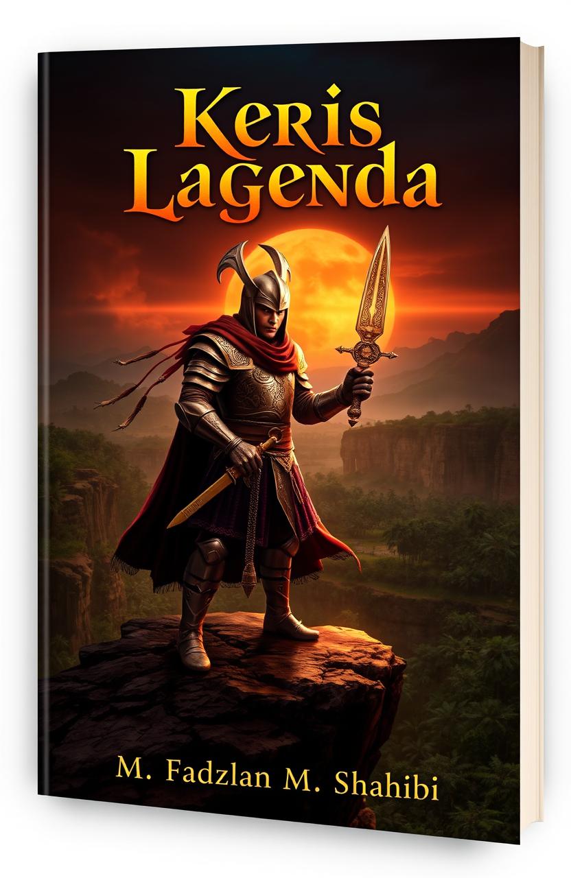 A striking novel cover design for 'Keris Lagenda', featuring a heroic Malay warrior clad in traditional armor, holding a beautifully ornate keris (dagger) that glimmers with mystique